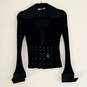 Vintage Made in France Rayure Paris Black Velvet & Sheer Pinstripe Top w Spider